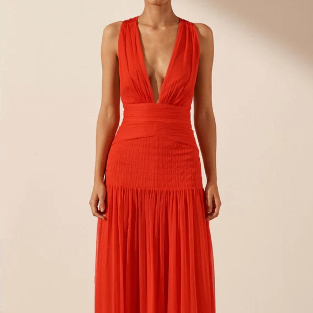 Shona Joy Red Backless Deep V Maxi Dress